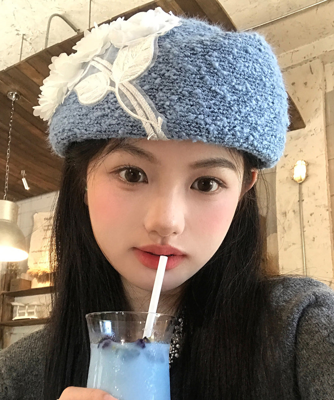 Japanese Style Blue Sweet Flower Blue Knitted Beret Hat