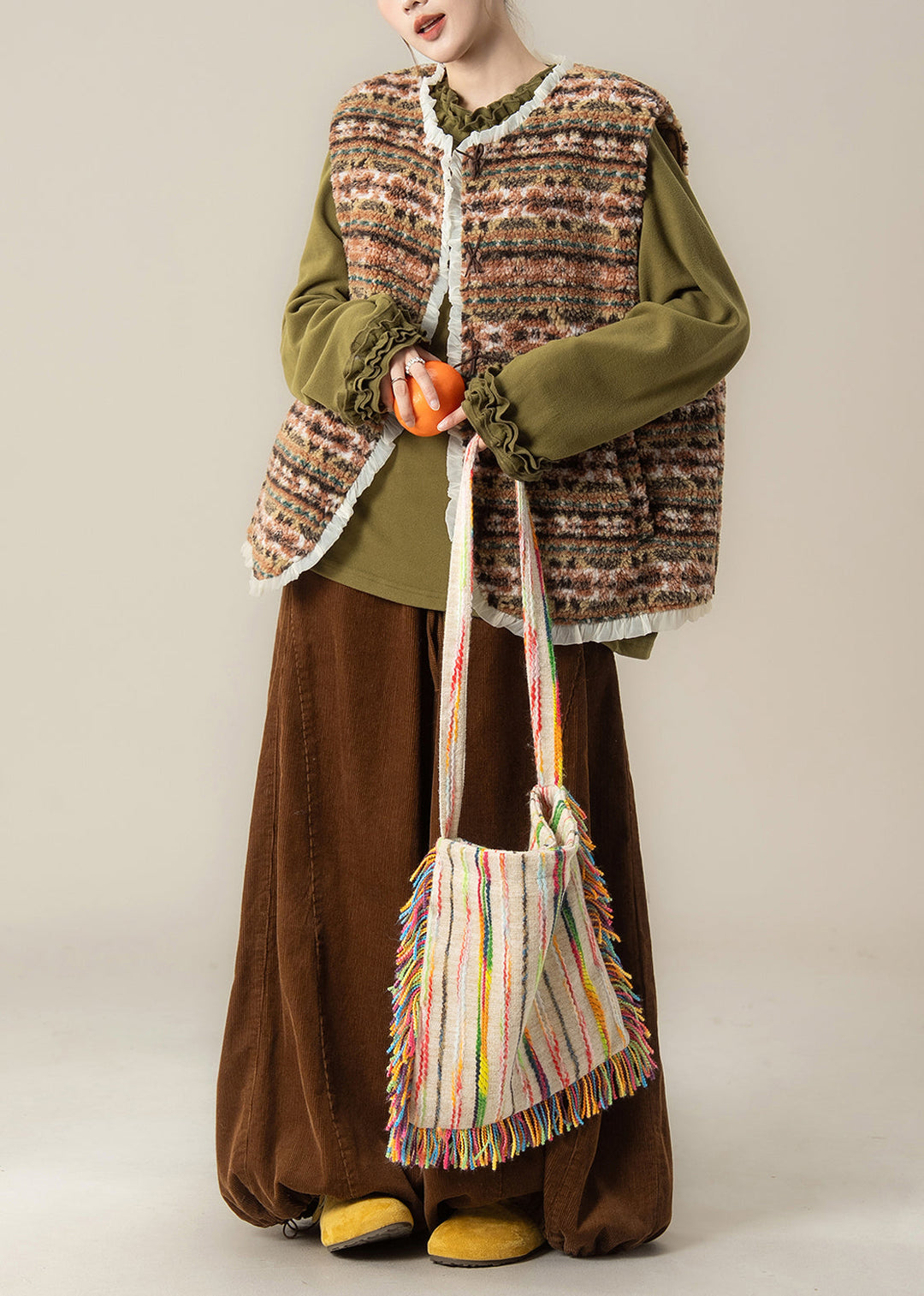 Japanese Style Faux Fur Vest Lace Patchwork Top And Pants 3 Piece Outfit Winter