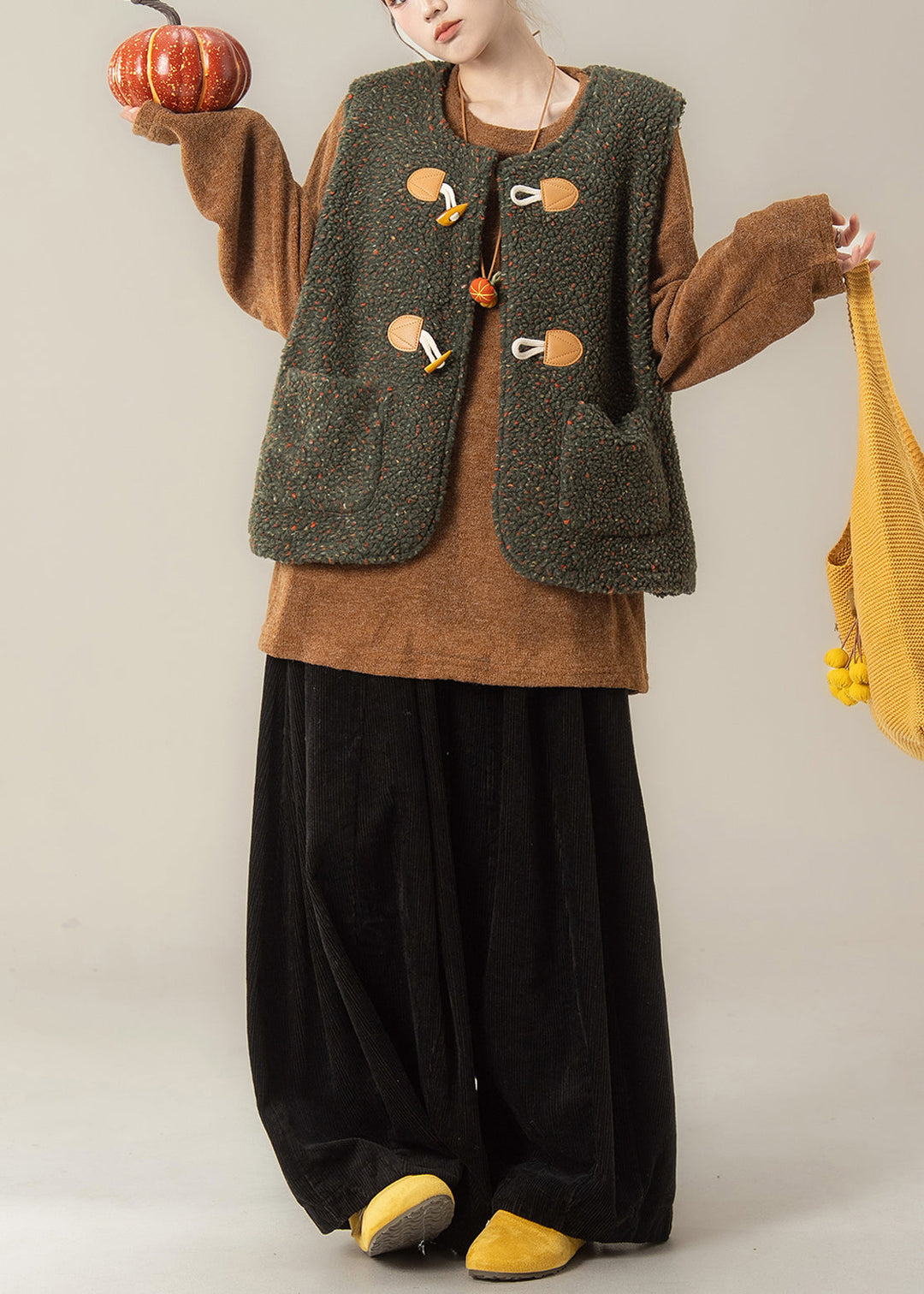 Japanese Style Green Vest And Top Pants Three Pieces Set Winter