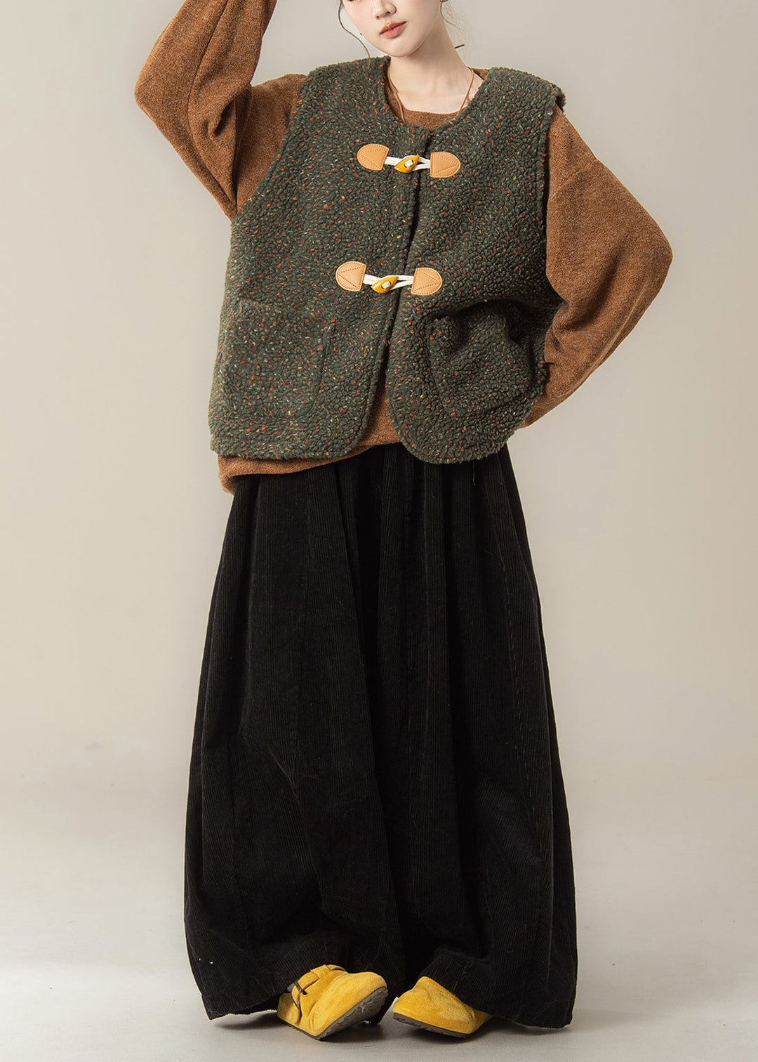 Japanese Style Green Vest And Top Pants Three Pieces Set Winter