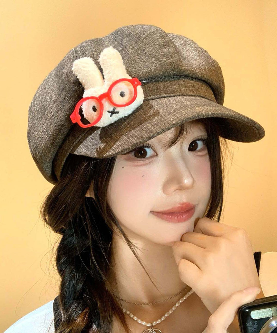 Japanese Style Khaki Cute Bunny Cartoon Glasses Breton Hat