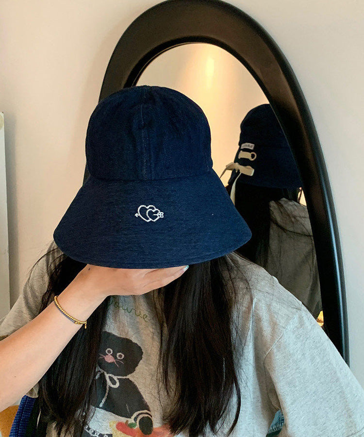 Japanese Style Navy Denim Embroidered Bucket Hat