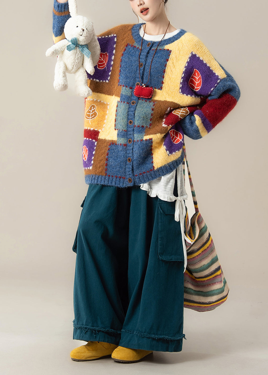 Japanese Style Plaid Sweater Coat T Shirt Pants Set Winter