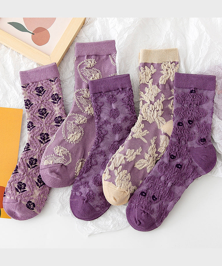 Japanese Style Versatile Purple Jacquard Mid Calf Socks Autumn