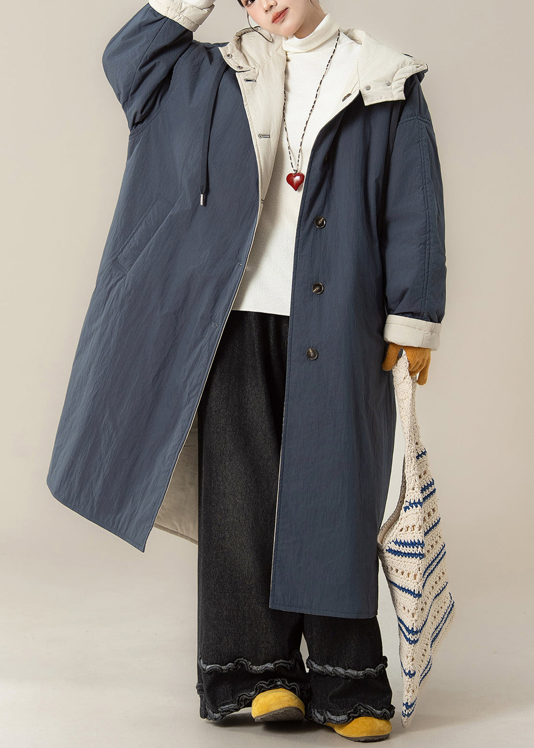 Japanese Style Wear On Both Sides Hooded Cotton Filled Coat Winter