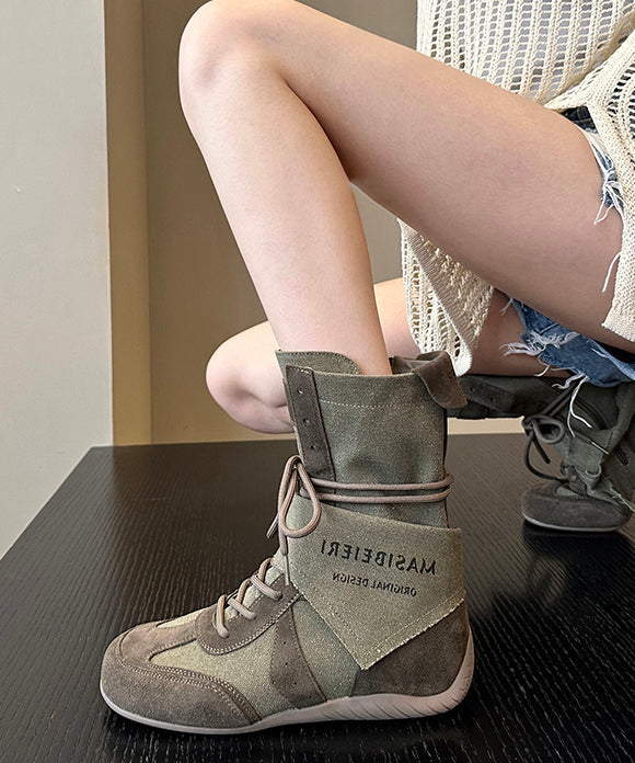 Khaki Boots Canvas Beautiful Splicing Lace Up