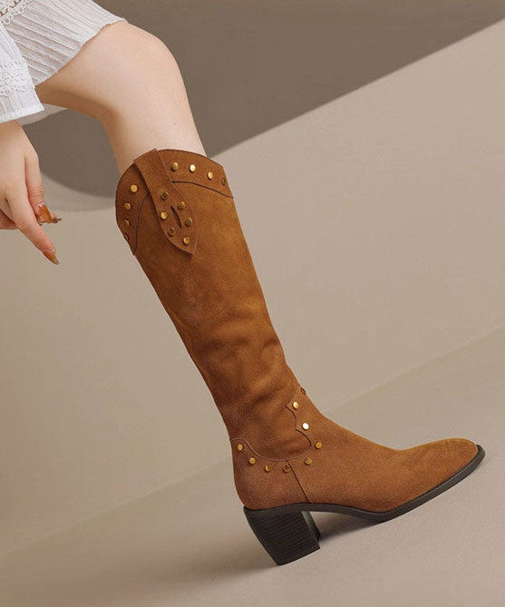 Khaki Boots Chunky Faux Leather Elegant Pointed Toe Boots