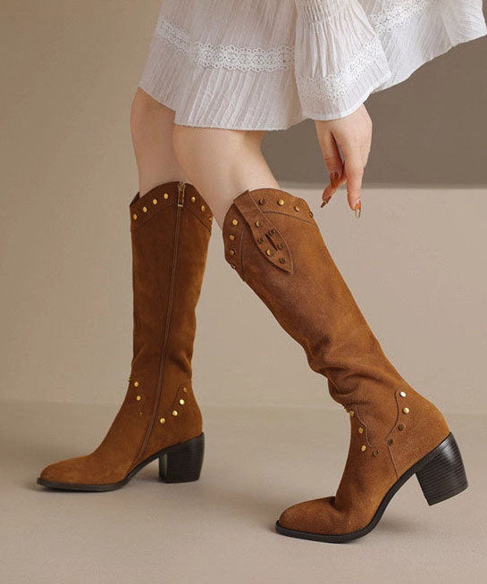 Khaki Boots Chunky Faux Leather Elegant Pointed Toe Boots