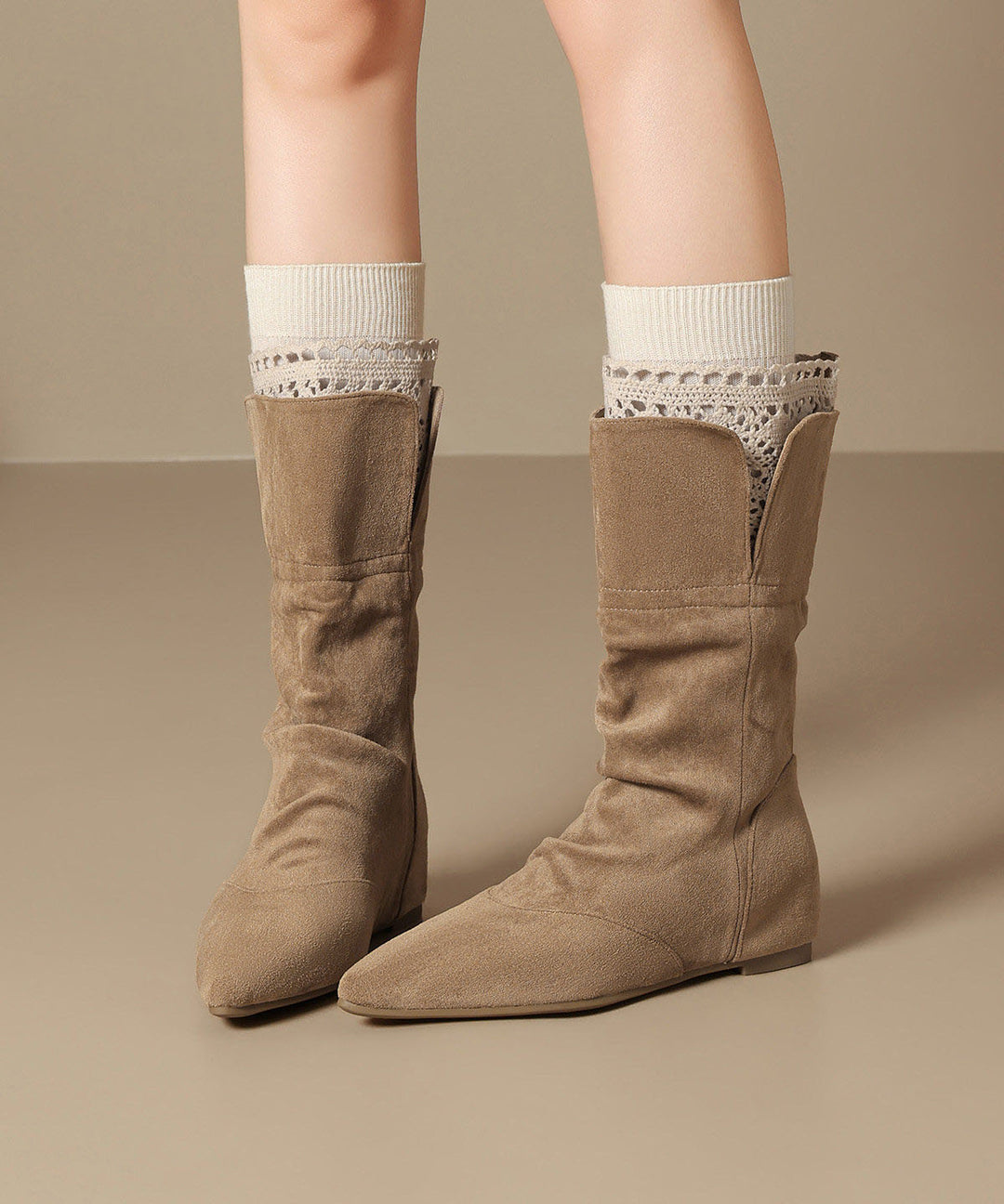 Khaki Boots Faux Leather Women Splicing Lace Boots