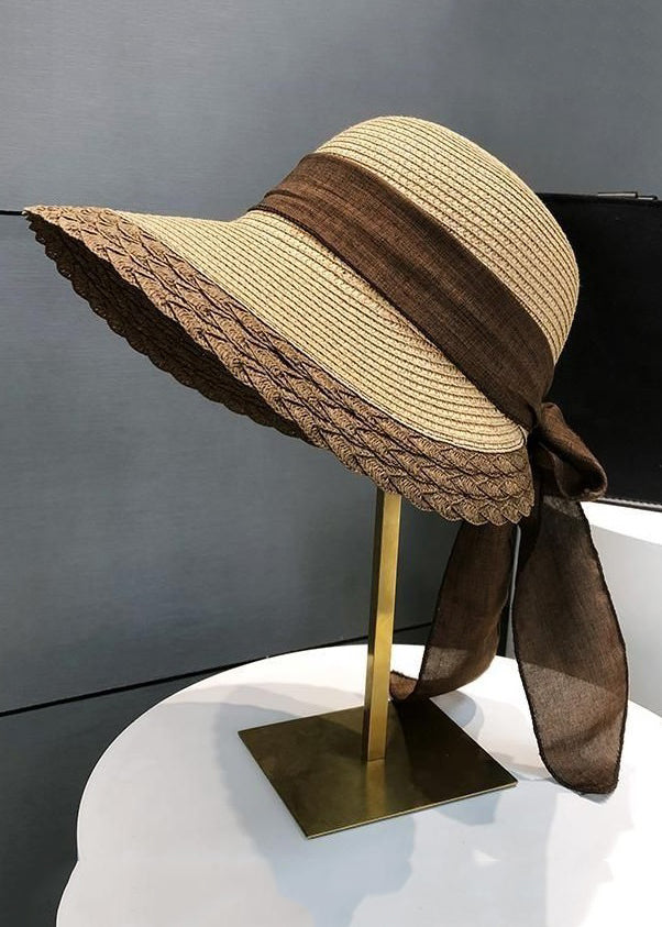 Khaki Bow Patchwork Straw Woven Solid Bucket Hat