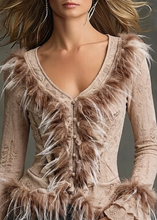 Khaki Button Fluffy Patchwork Cotton Blouses Hole - Omychic