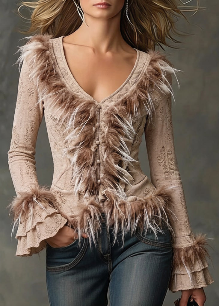 Khaki Button Fluffy Patchwork Cotton Blouses Hole - Omychic