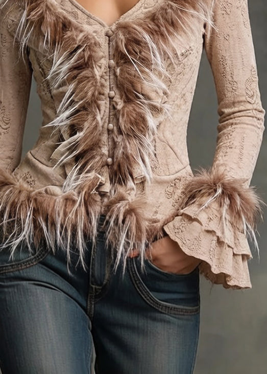 Khaki Button Fluffy Patchwork Cotton Blouses Hole - Omychic