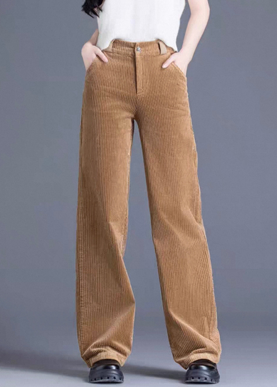 Khaki Button Pockets Corduroy Spring Pants High Waist