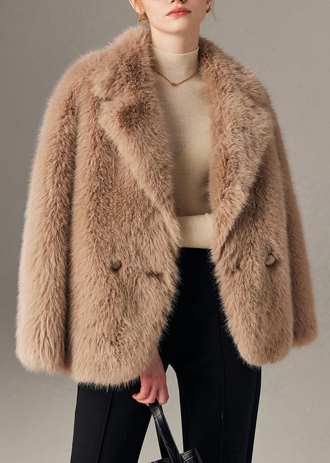 Khaki Button Pockets Leather And Fur Winter Coat Notched