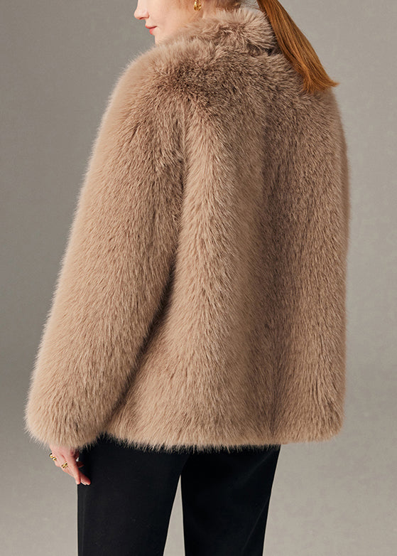 Khaki Button Pockets Leather And Fur Winter Coat Notched