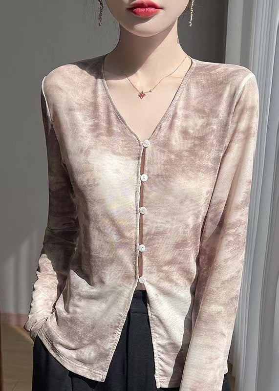 Khaki Button Print Tulle Fall T Shirts V Neck