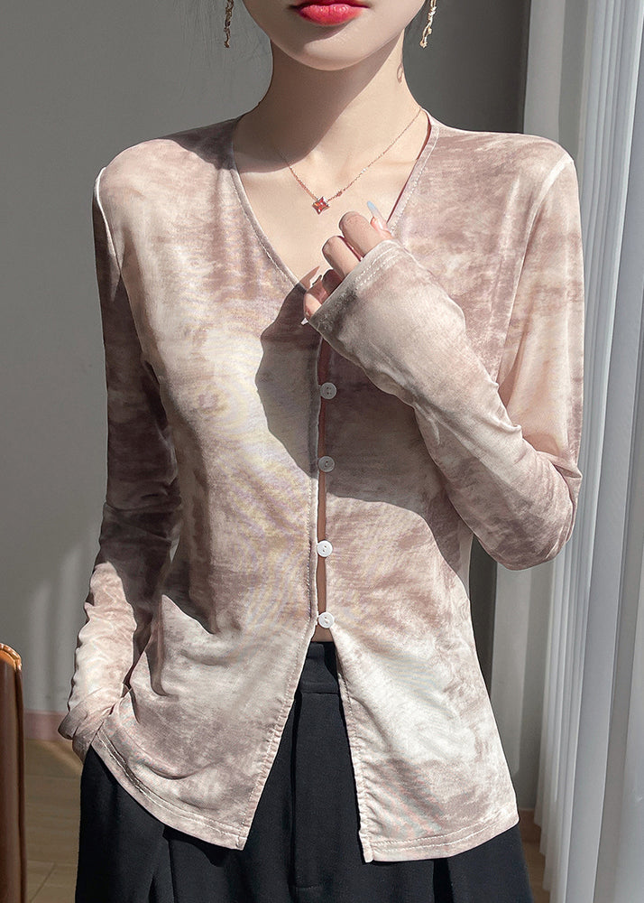 Khaki Button Print Tulle Fall T Shirts V Neck
