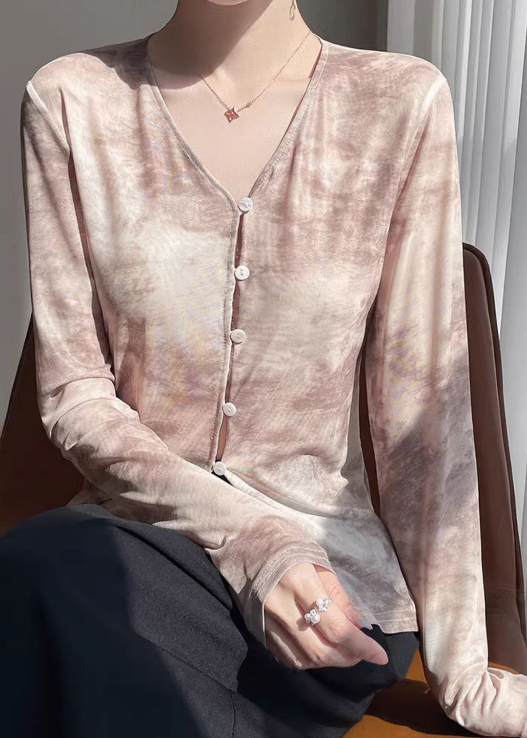 Khaki Button Print Tulle Fall T Shirts V Neck
