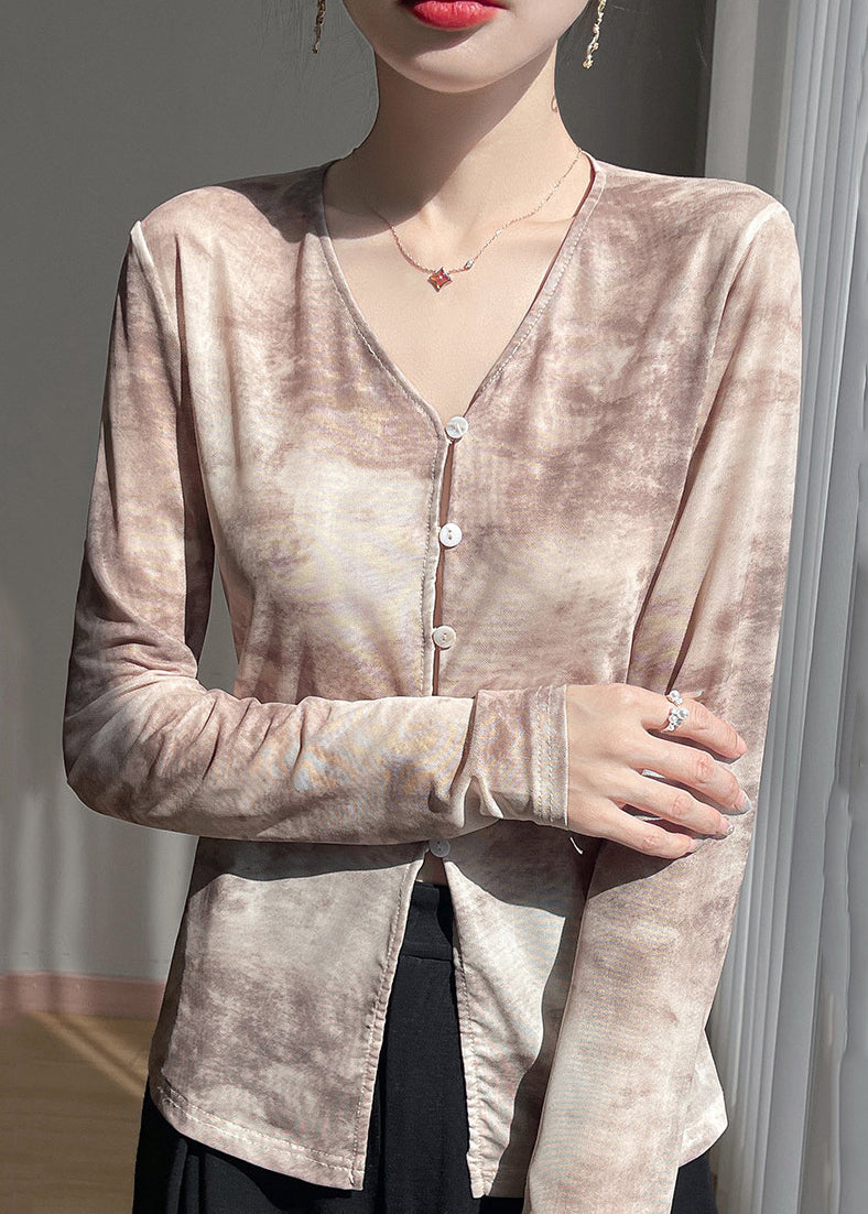 Khaki Button Print Tulle Fall T Shirts V Neck