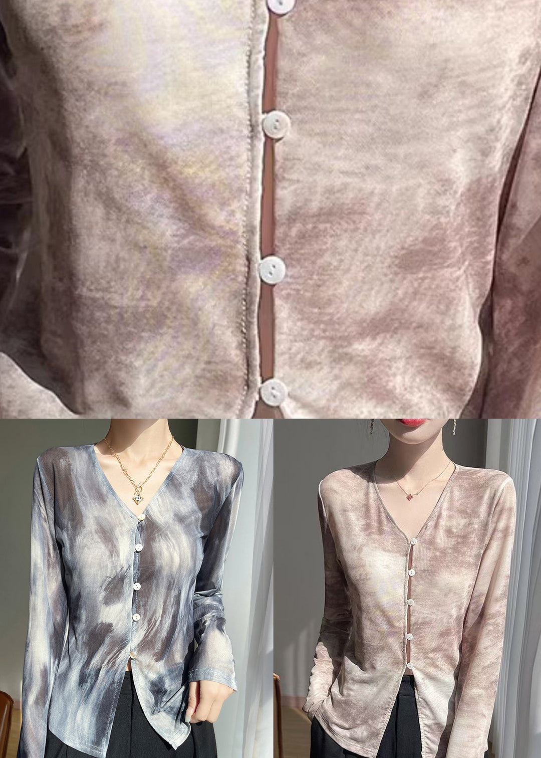 Khaki Button Print Tulle Fall T Shirts V Neck
