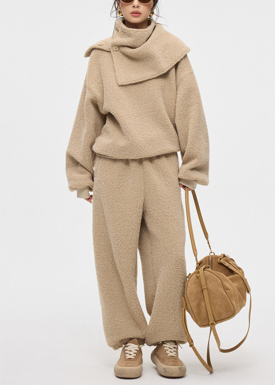 Khaki Button Scarf Sweatshirt And Pants Teddy Faux Fur Three Pieces Set O-Neck