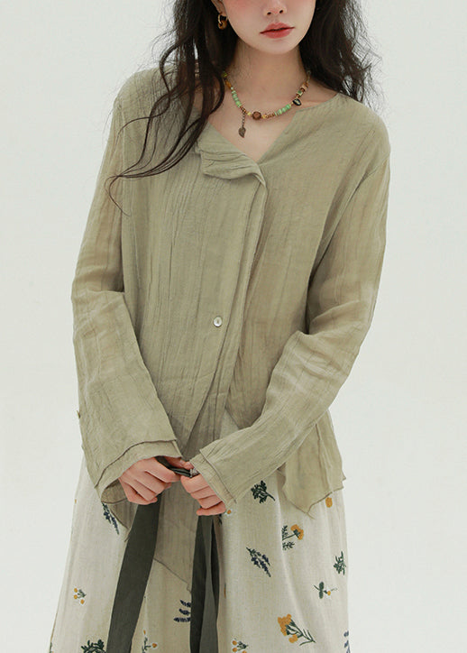 Khaki Button Solid Linen Fall Blouse Asymmetrical
