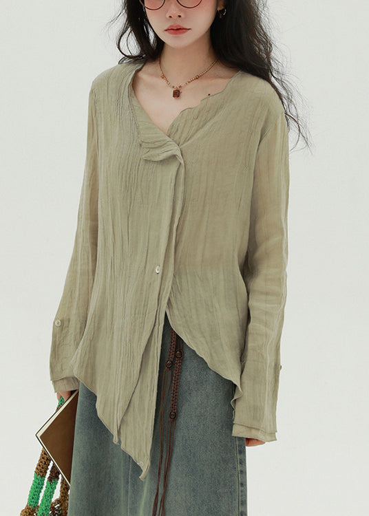 Khaki Button Solid Linen Fall Blouse Asymmetrical