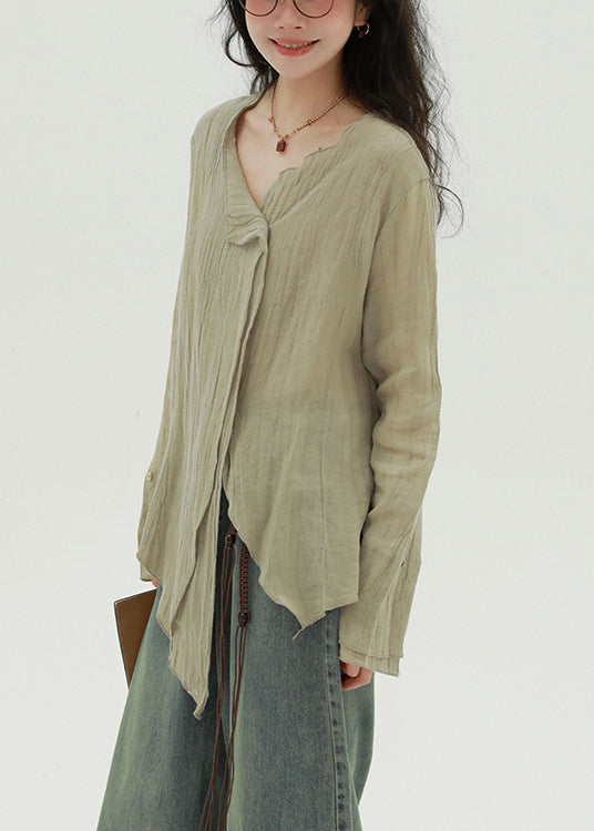 Khaki Button Solid Linen Fall Blouse Asymmetrical