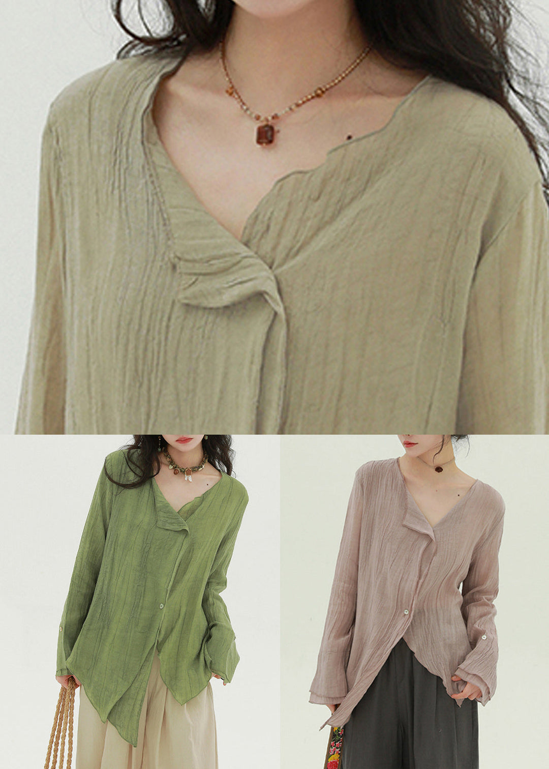Khaki Button Solid Linen Fall Blouse Asymmetrical