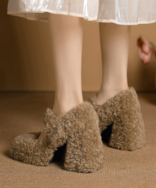 Khaki Chunky Buckle Strap Faux Fur Beautiful Splicing High Heels