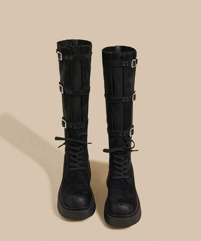 Khaki Chunky Suede Fitted Splicing Lace Up Buckle Strap Boots