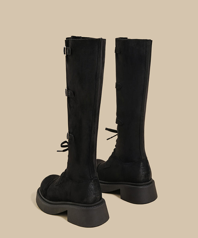 Khaki Chunky Suede Fitted Splicing Lace Up Buckle Strap Boots