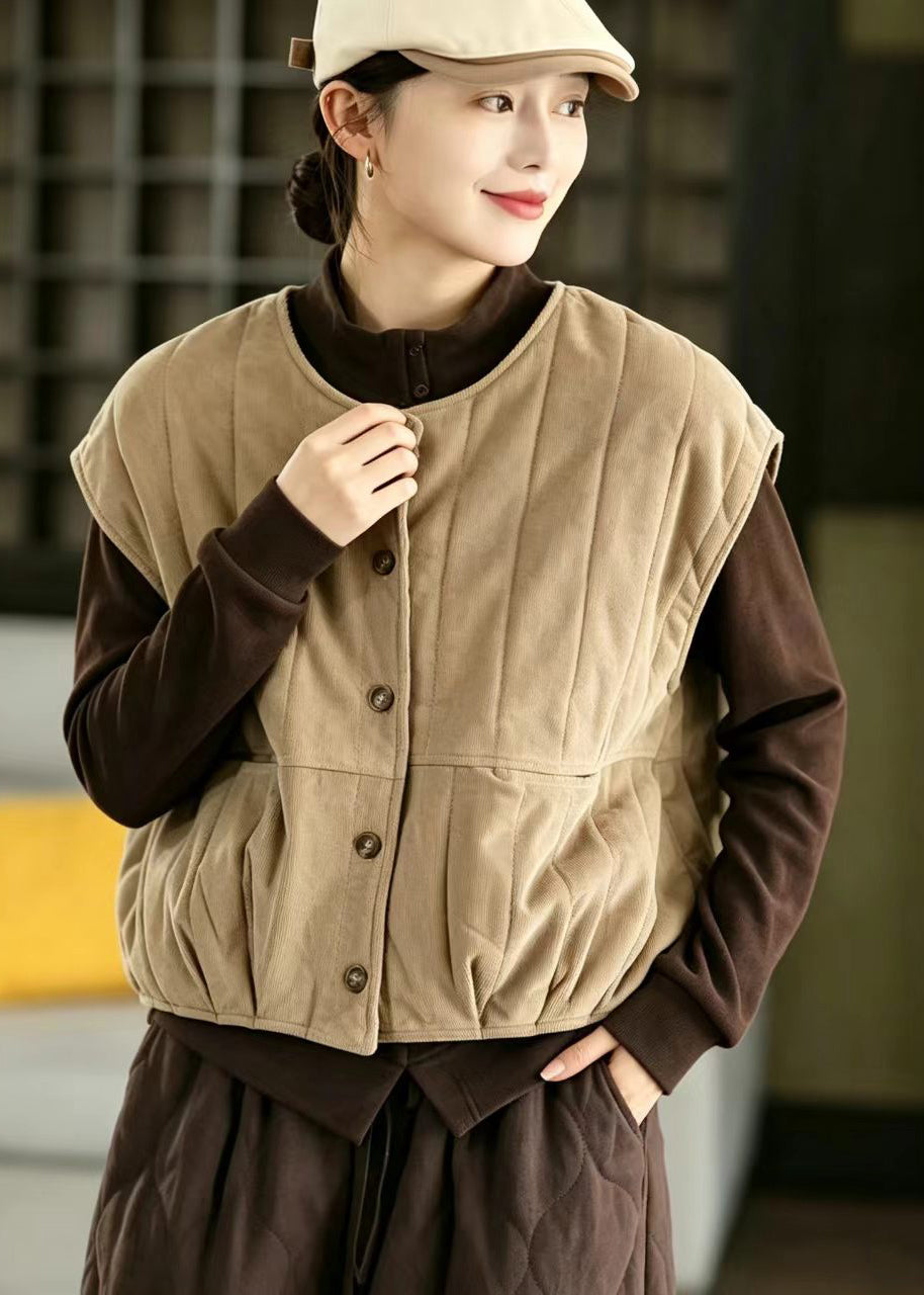 Khaki Corduroy Cotton Filled Waistcoat O-Neck Winter