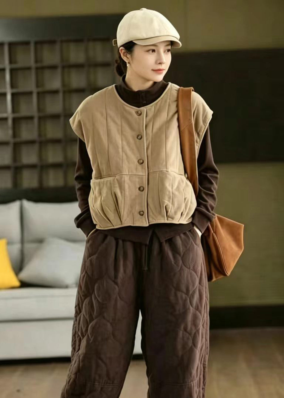 Khaki Corduroy Cotton Filled Waistcoat O-Neck Winter
