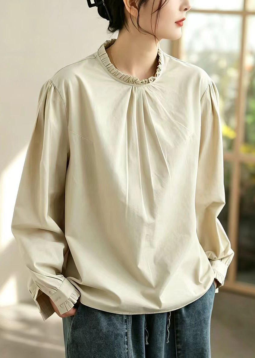 Khaki Cotton Shirt Top O-Neck Ruffled Long sleeve