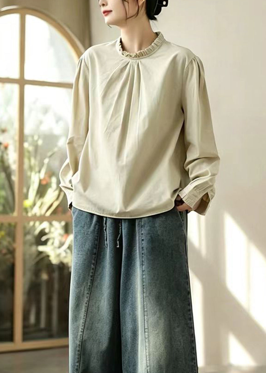 Khaki Cotton Shirt Top O-Neck Ruffled Long sleeve