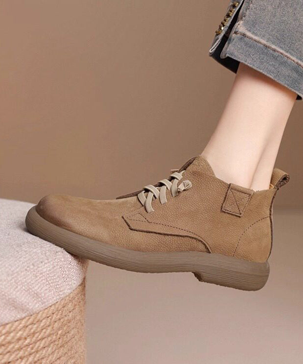 Khaki Cowhide Leather Simple Splicing Boots Lace Up