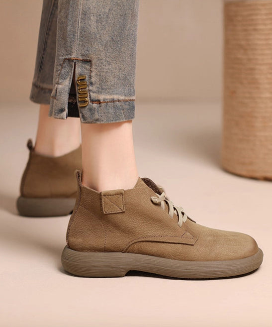 Khaki Cowhide Leather Simple Splicing Boots Lace Up