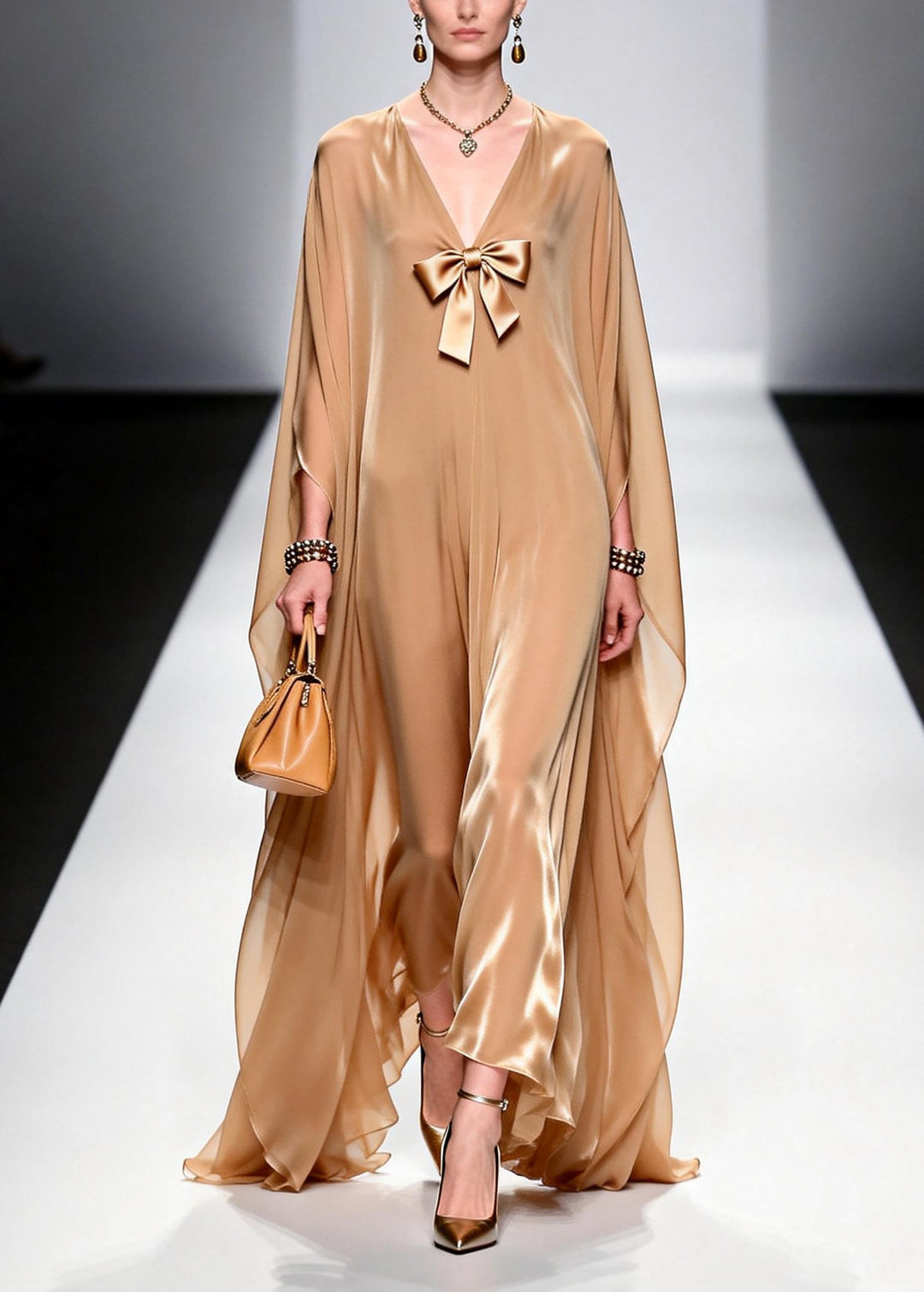 Khaki Draping Chiffon Evening Dress Bow Exra Large Hem Summer