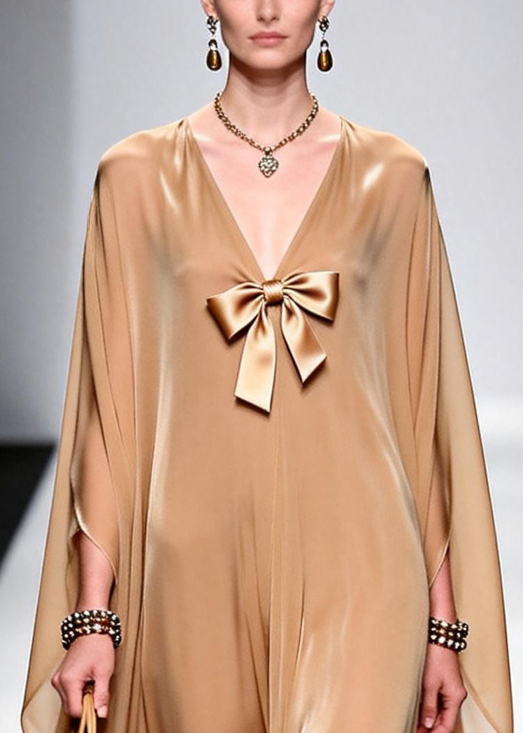 Khaki Draping Chiffon Evening Dress Bow Exra Large Hem Summer