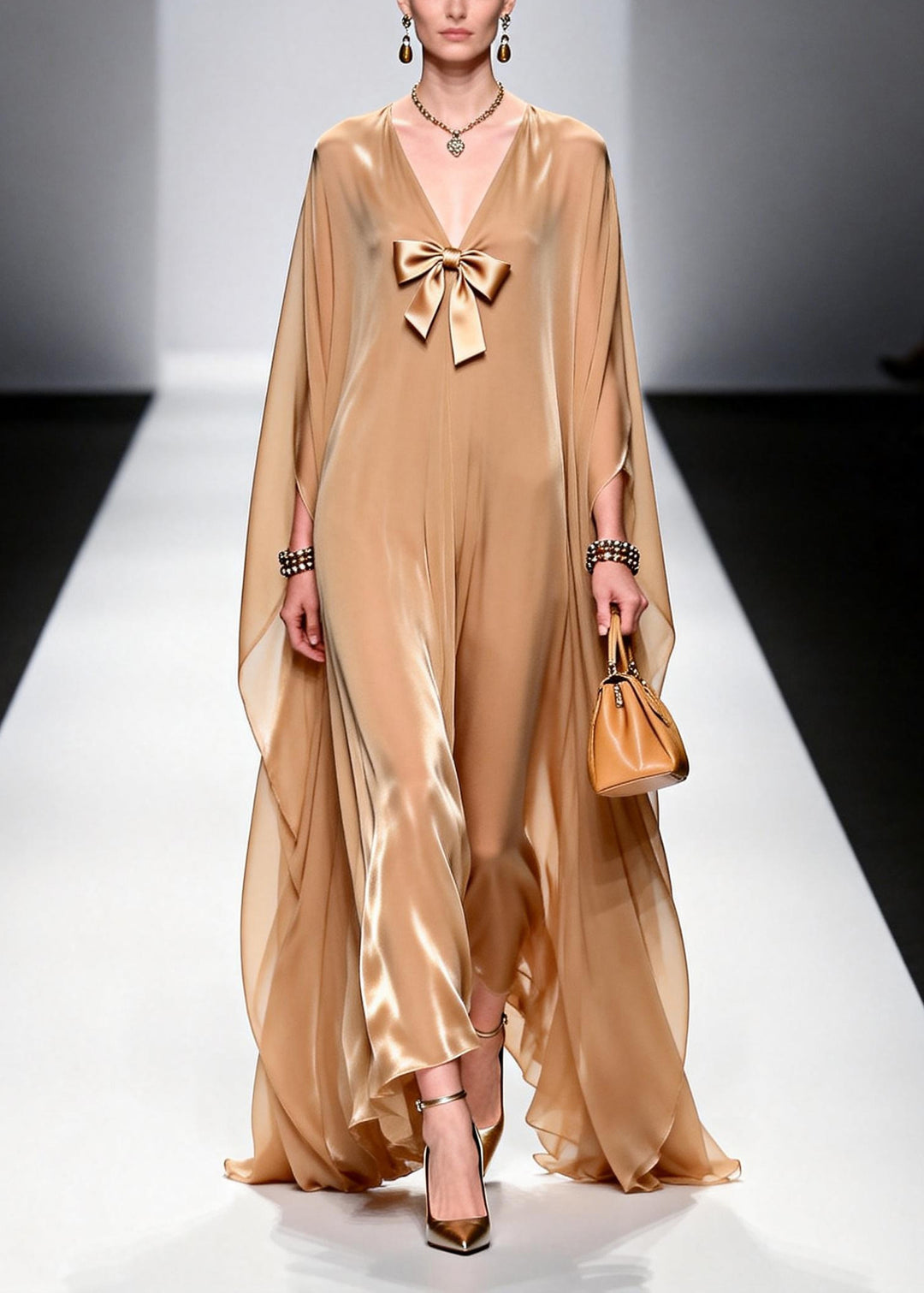 Khaki Draping Chiffon Evening Dress Bow Exra Large Hem Summer