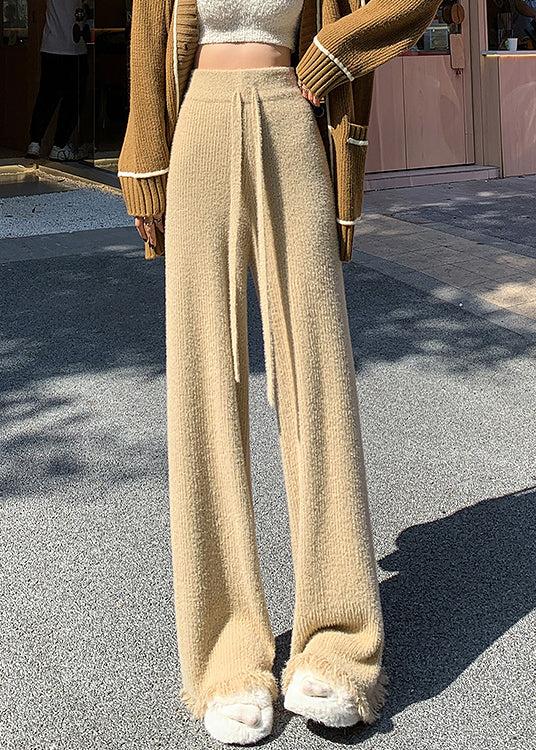Khaki Elastic Waist Solid Mink Hair Knitted Flare Bottoms Tasseled