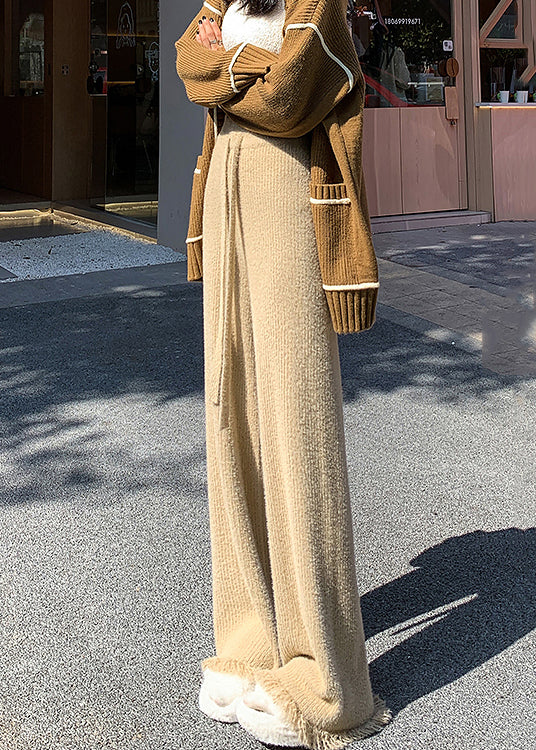 Khaki Elastic Waist Solid Mink Hair Knitted Flare Bottoms Tasseled