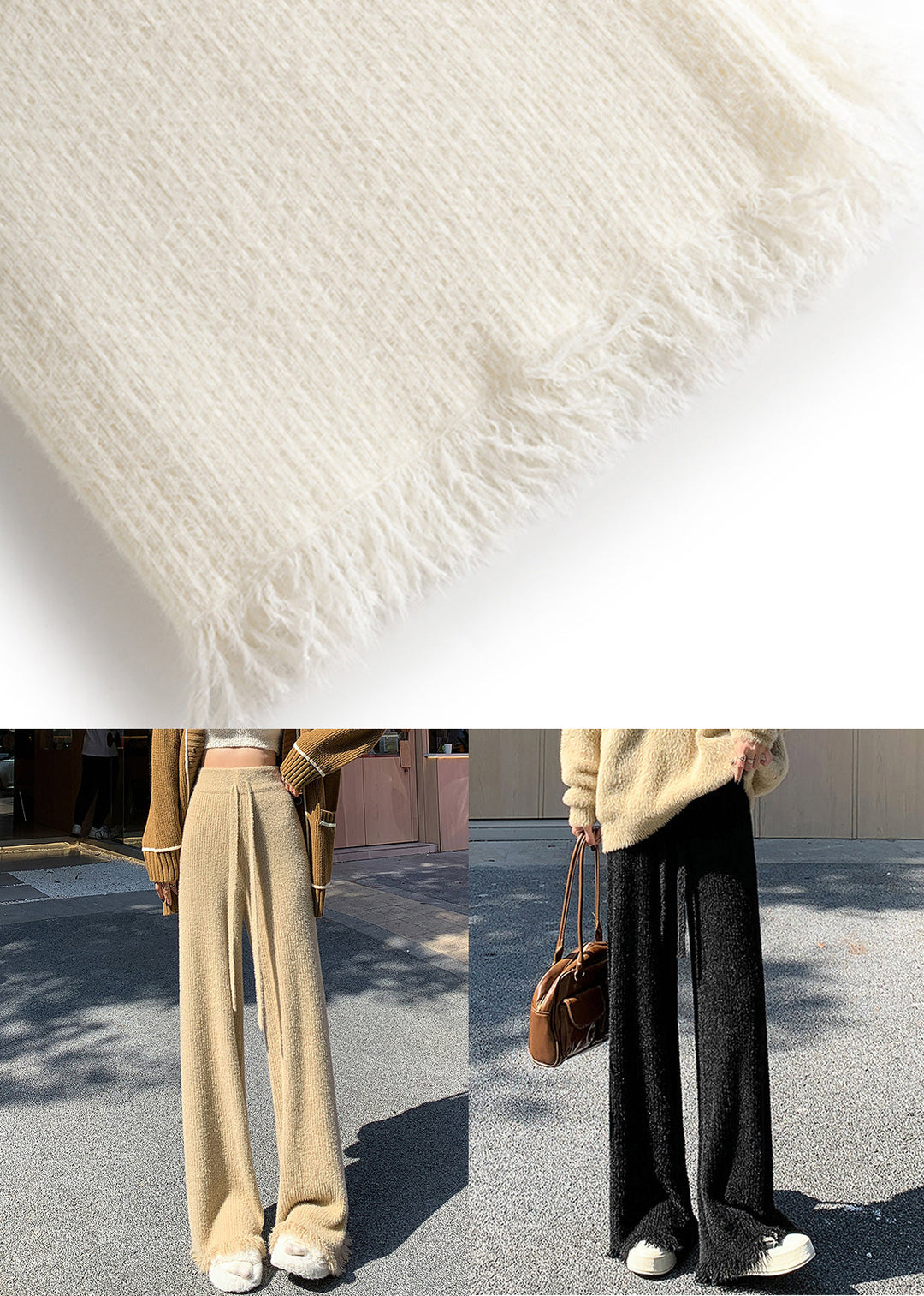 Khaki Elastic Waist Solid Mink Hair Knitted Flare Bottoms Tasseled