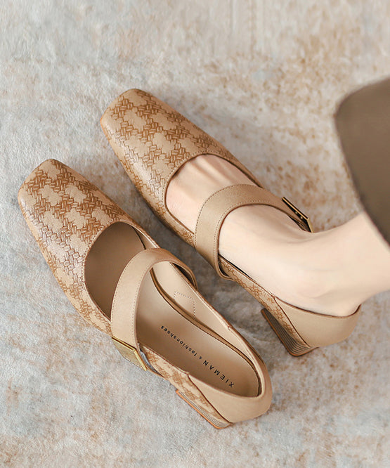 Khaki Faux Leather Buckle Strap Splicing Chunky Heel