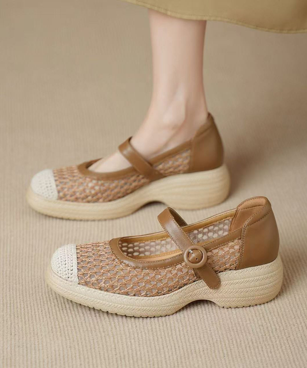 Khaki Flats Knit Fabric Comfy Buckle Strap Flat Shoes For Women