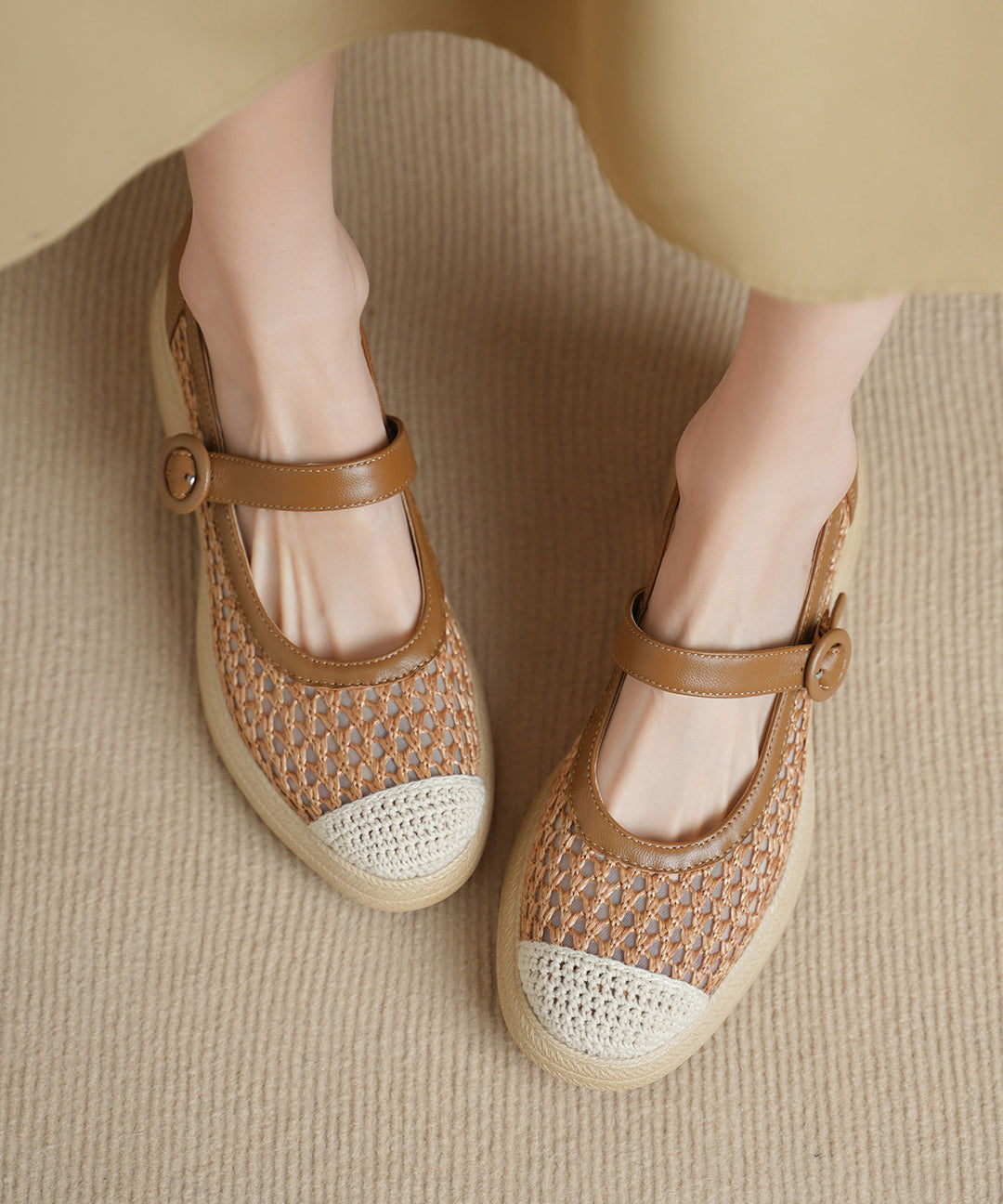 Khaki Flats Knit Fabric Comfy Buckle Strap Flat Shoes For Women