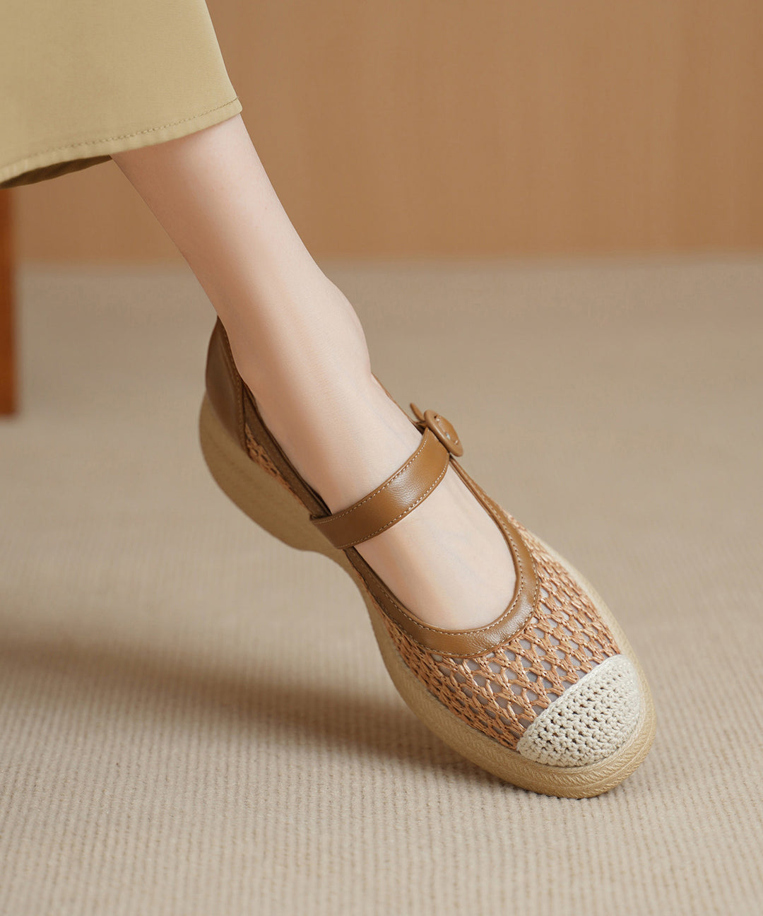 Khaki Flats Knit Fabric Comfy Buckle Strap Flat Shoes For Women