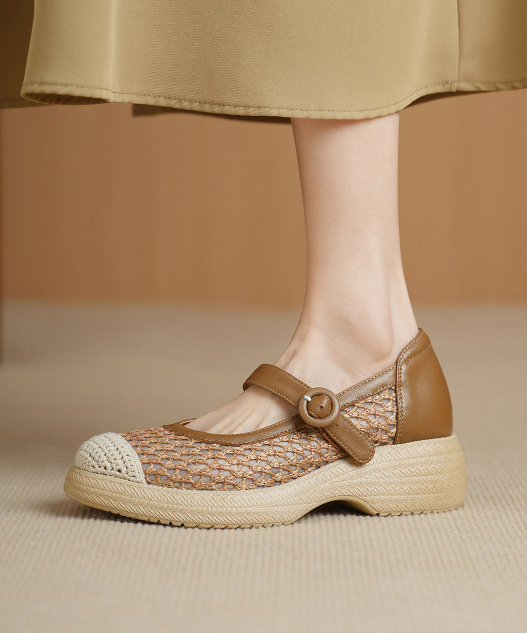 Khaki Flats Knit Fabric Comfy Buckle Strap Flat Shoes For Women